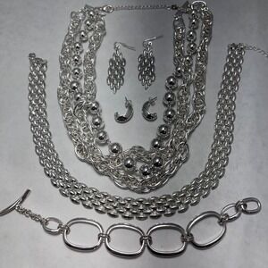 Silver Tone Statement Jewelry Multi Strand Necklace Oval Link Bracelet Avon